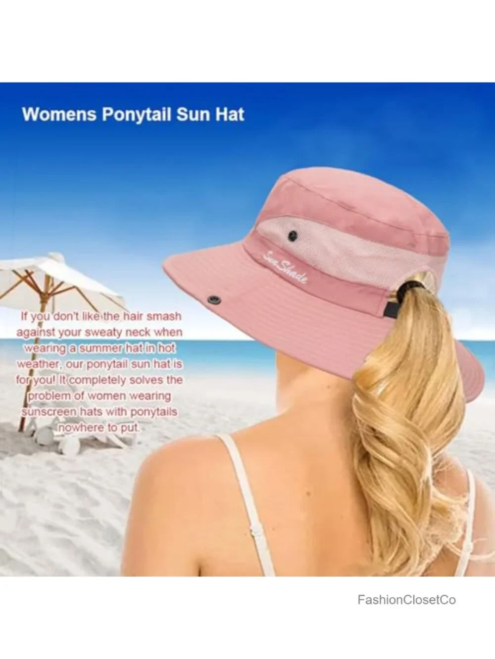 Wide Brim Mesh Bucket Hat with Ponytail Hole